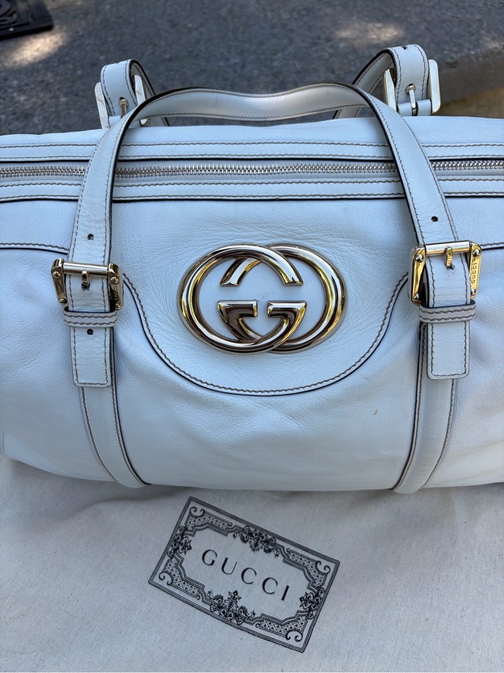 Gucci White Leather Britt Large Boston GG Shoulder Bag+Dust Bag - Picture 3 of 17